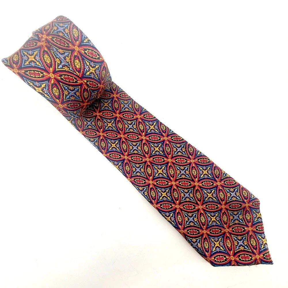 Haines & Bonner London Tie Mens OS Navy Red Gold Silk Geometric Medallion